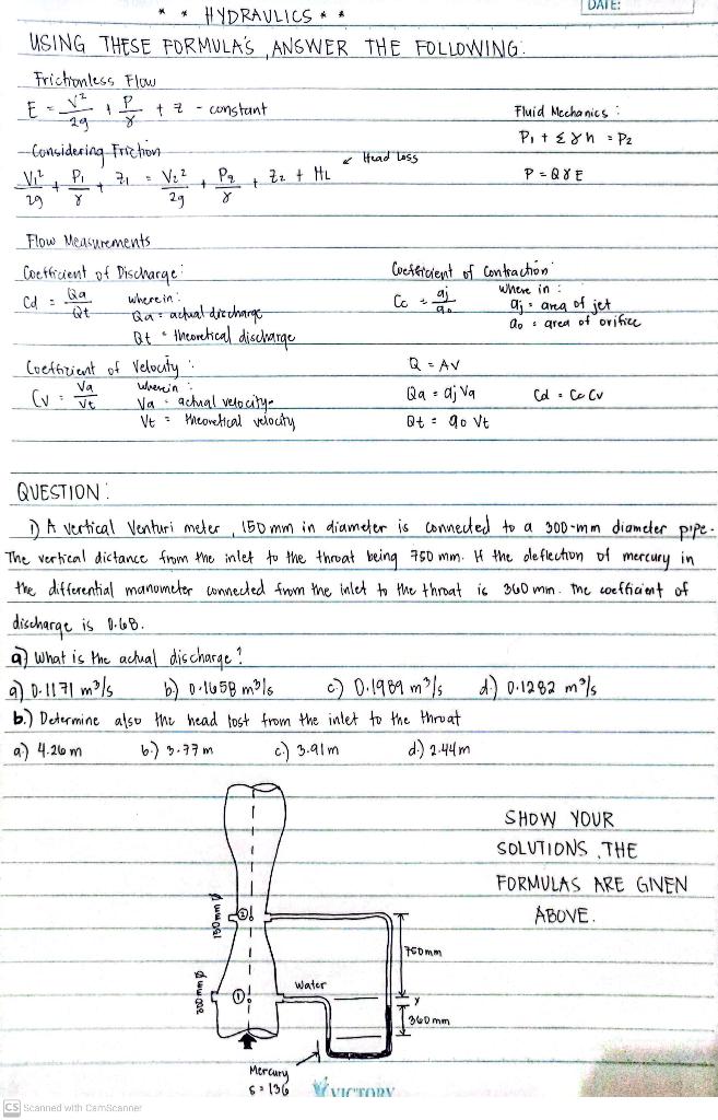 Solved QUESTION 1 A Vertical Venturi Meter 150 Mm In Chegg