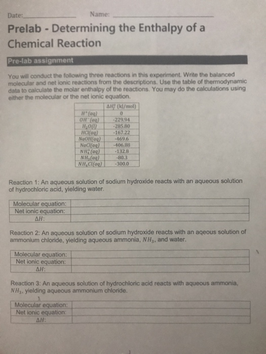 Solved Date Name Prelab Determining The Enthalpy Of A Chegg