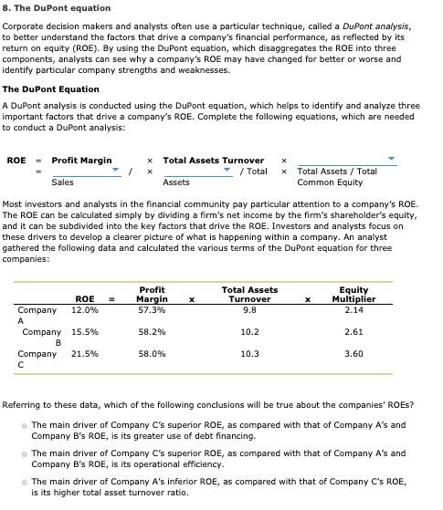 Solved The Dupont Equation Corporate Decision Makers And Chegg