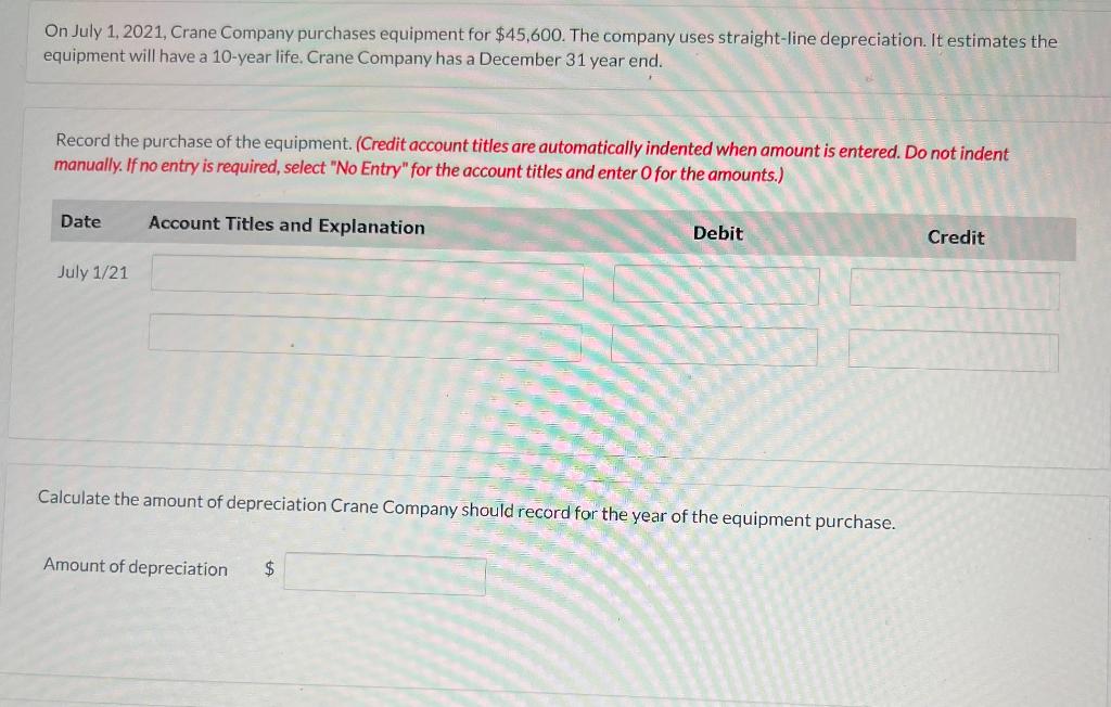 Solved On July Crane Company Purchases Equipment Chegg
