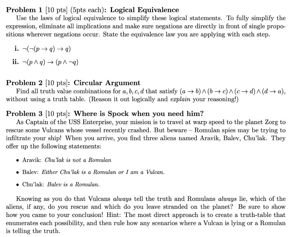 Solved Problem Pts Pts Each Logical Equivalence Chegg