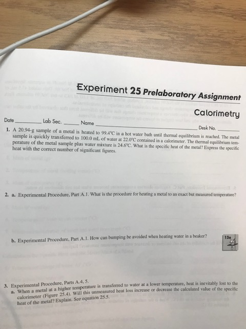 Solved Experiment 25 Prelaboratory Assignment Calorimetry Chegg