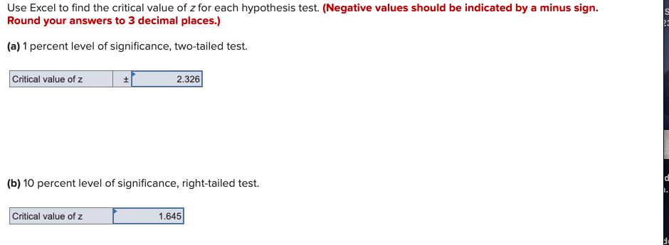 Solved Use Excel To Find The Critical Value Of Z For Each Chegg