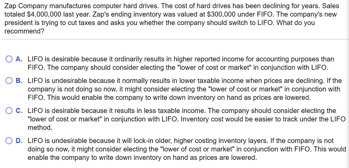 Solved Zap Company Manufactures Computer Hard Drives The Chegg