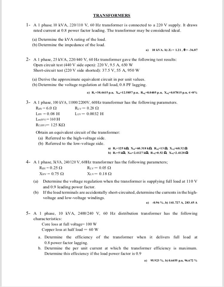 Solved Transformers A Phase Kva V Hz Chegg