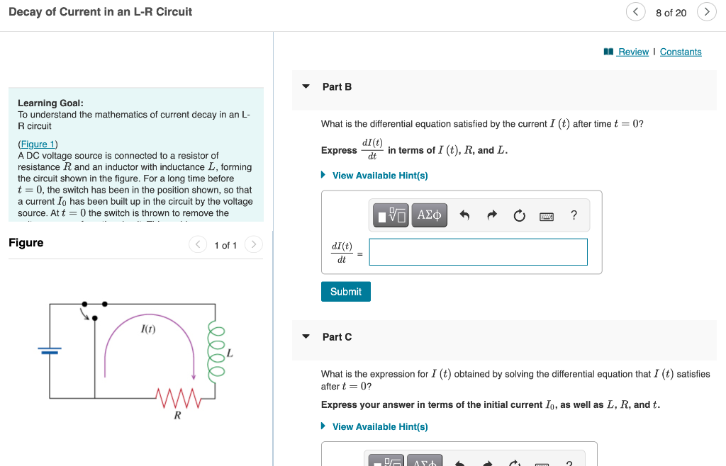 Solved Decay Of Current In An L R Circuit 8 Of 20 II Review Chegg