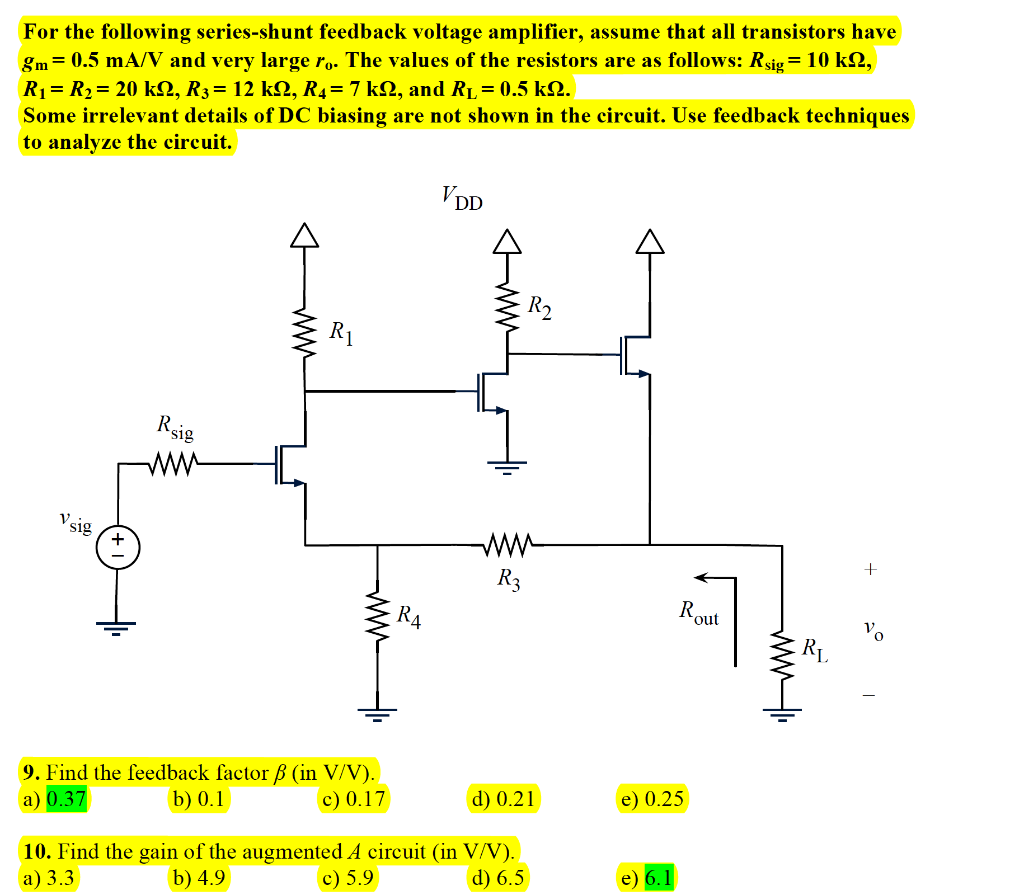 Solved For The Following Series Shunt Feedback Voltage Chegg