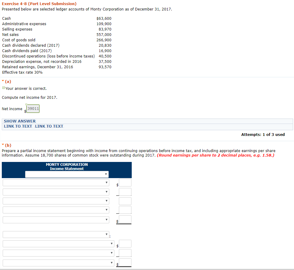 Solved Exercise Part Level Submission Presented Below Chegg