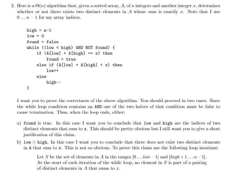 Solved Here Is A N Algorithm That Given A Sorted Array Chegg