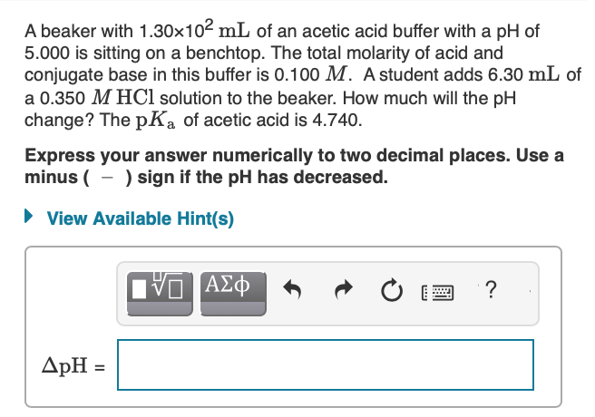 Solved A Beaker With 1 30102 ML Of An Acetic Acid Buffer Chegg