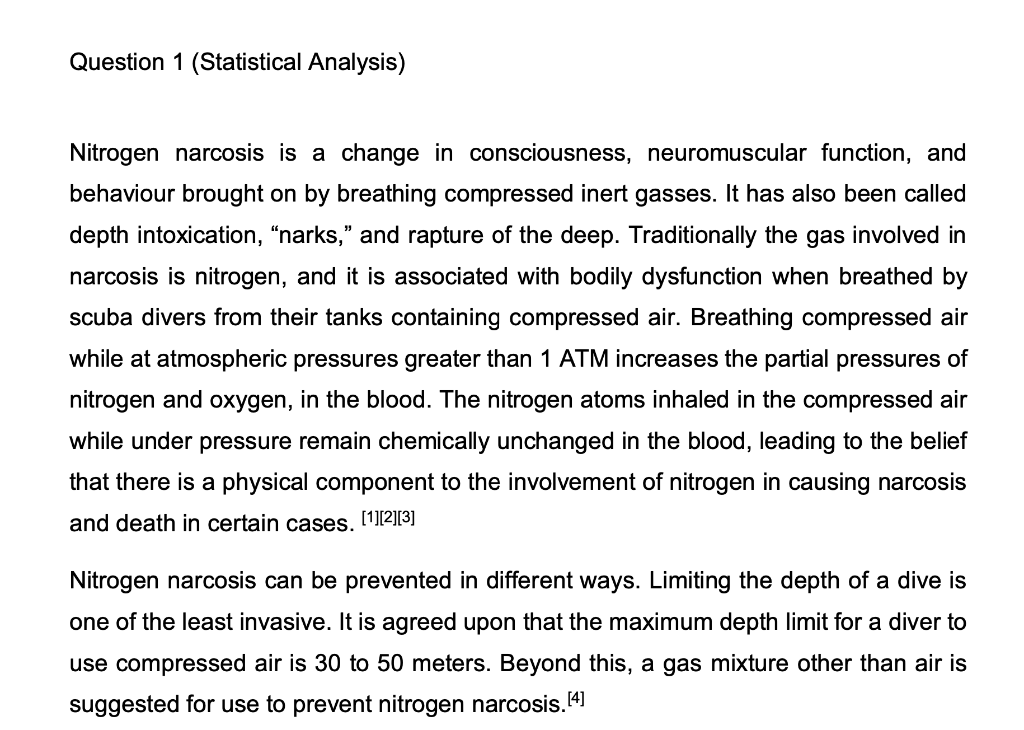 Solved Question Statistical Analysis Nitrogen Narcosis Chegg