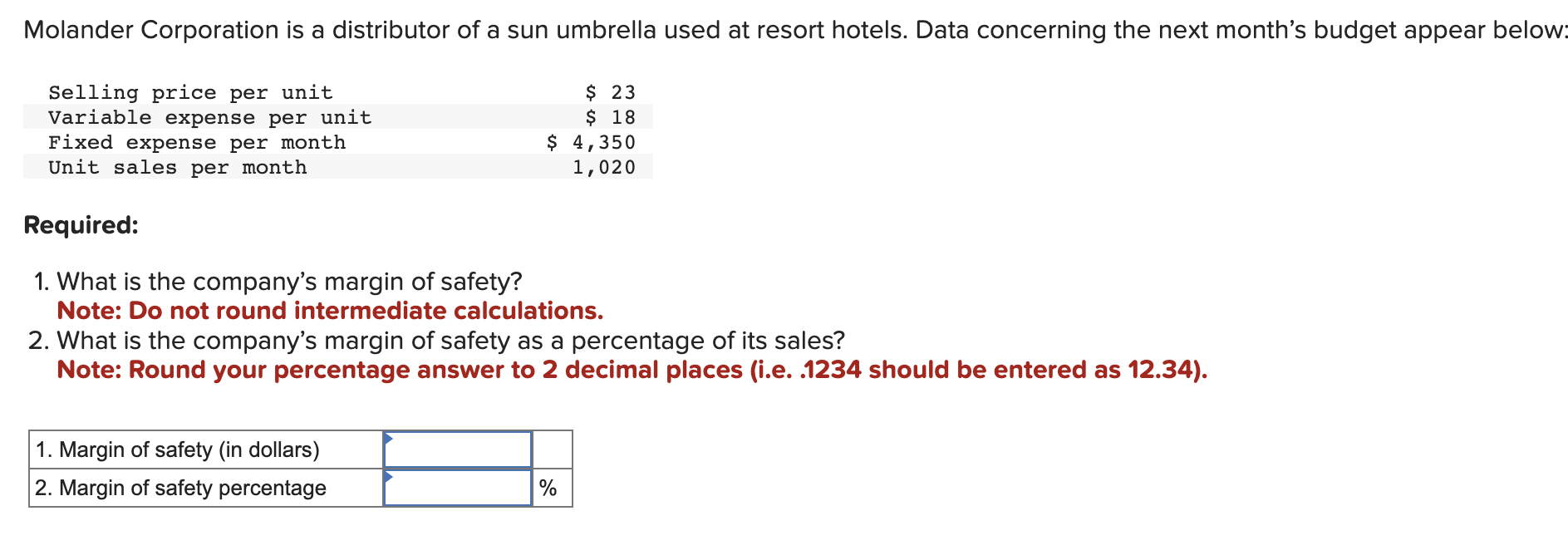 Solved Required What Is The Company S Margin Of Safety Chegg