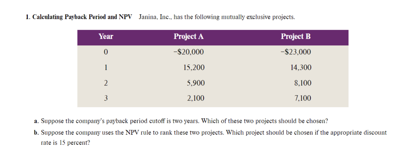 Calculating Payback Period And Npv Janina Inc Chegg