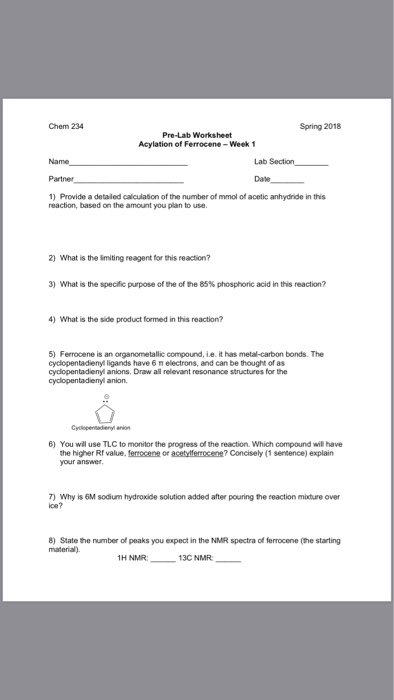 Solved Chem 234 Spring 2018 Pre Lab Worksheet Acylation Of Chegg