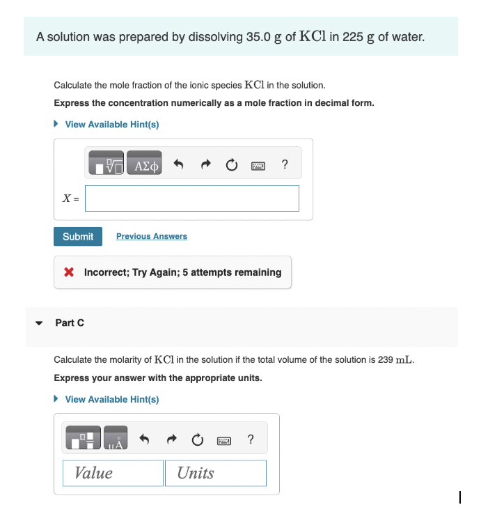 Solved A Solution Was Prepared By Dissolving G Of Kcl Chegg