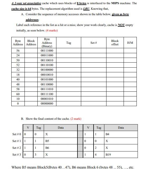 Solved A Way Set Associative Cache Which Uses Blocks Of Chegg