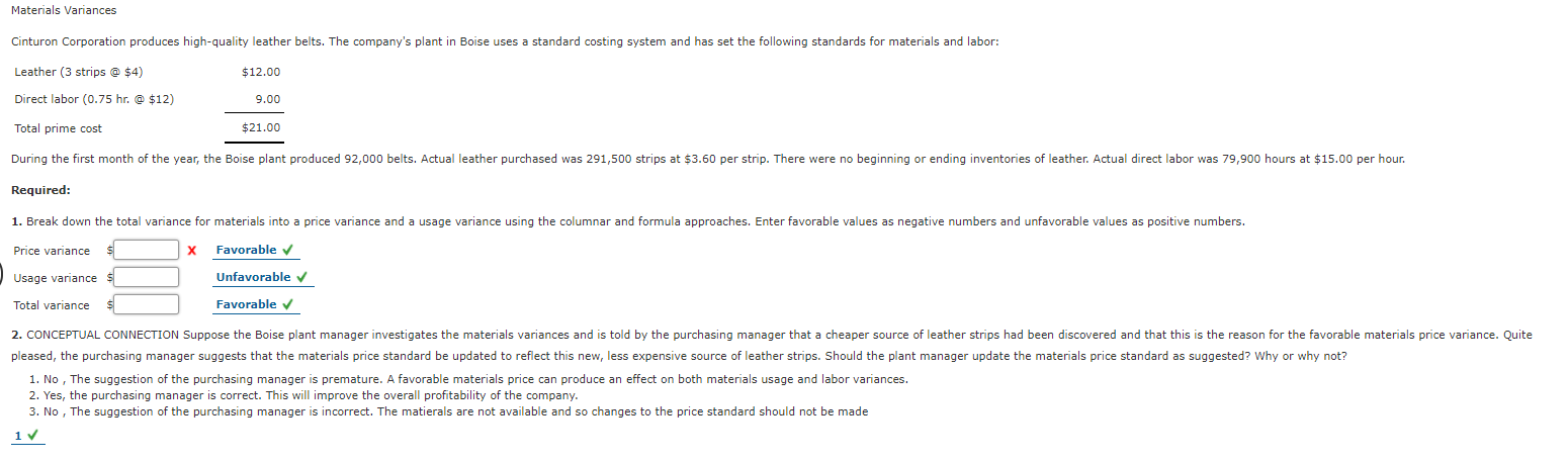 Solved Materials Variances Cinturon Corporation Produces Chegg
