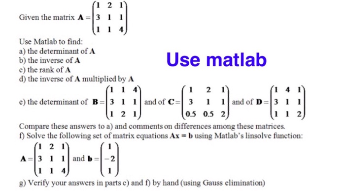 Solved Given The Matrix A Use Matlab To Find A The Chegg