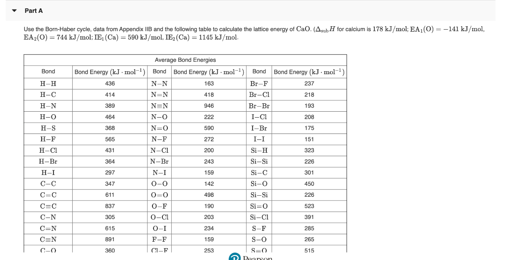 Solved Part A Use The Born Haber Cycle Data From Appendix Chegg