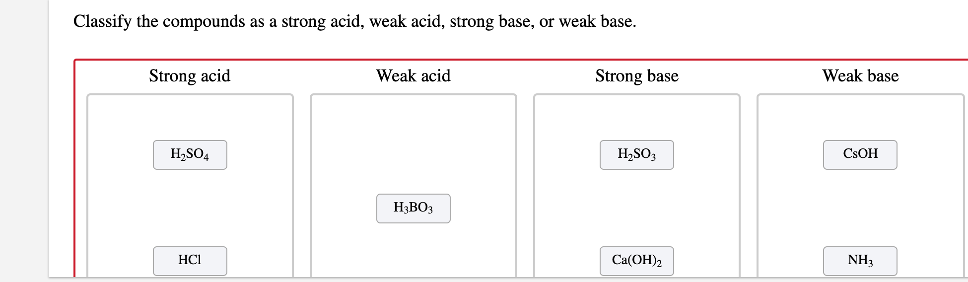 Solved Classify The Compounds As A Strong Acid Weak Acid Chegg