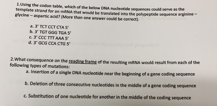 Solved Using The Codon Table Which Of The Below Dna Chegg The