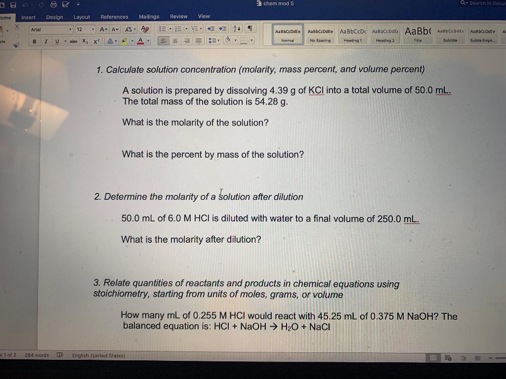 Solved Calculate Solution Concentration Molarity Mass Chegg