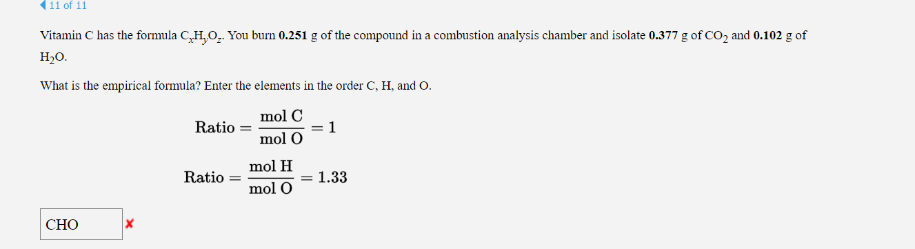 Solved Vitamin C Has The Formula CxHyOz You Burn 0 251g Of Chegg
