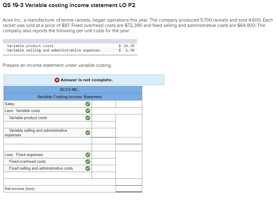 Solved Qs Variable Costing Income Statement Lo P Aces Chegg