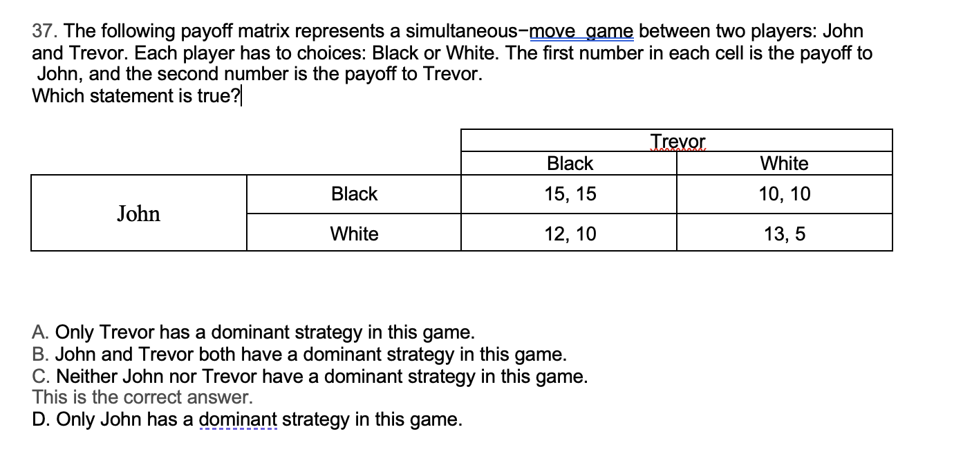 Solved The Following Payoff Matrix Represents A Chegg