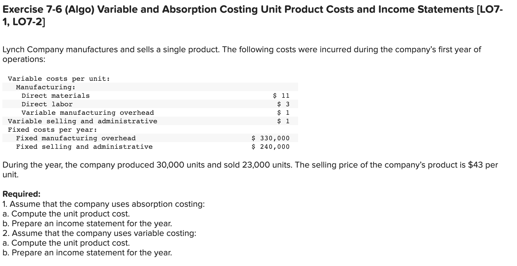 Solved Exercise 7 6 Algo Variable And Absorption Costing Chegg