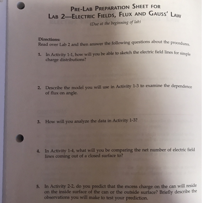 Solved Pre Lab Preparation Sheet For Lab Electric Fields Chegg