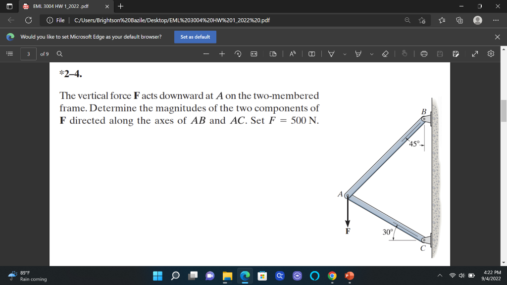 Solved The Vertical Force F Acts Downward At A On The Chegg