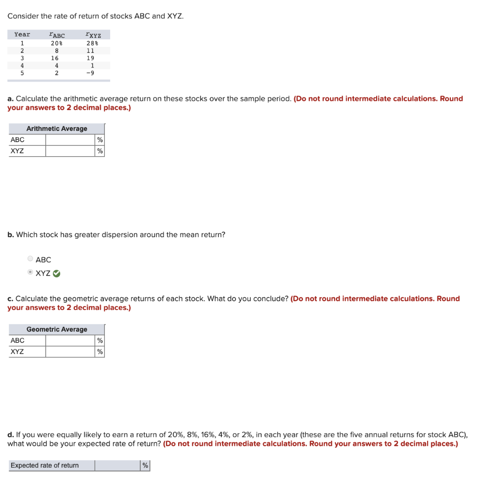 Solved Consider The Rate Of Return Of Stocks Abc And Xyz Chegg