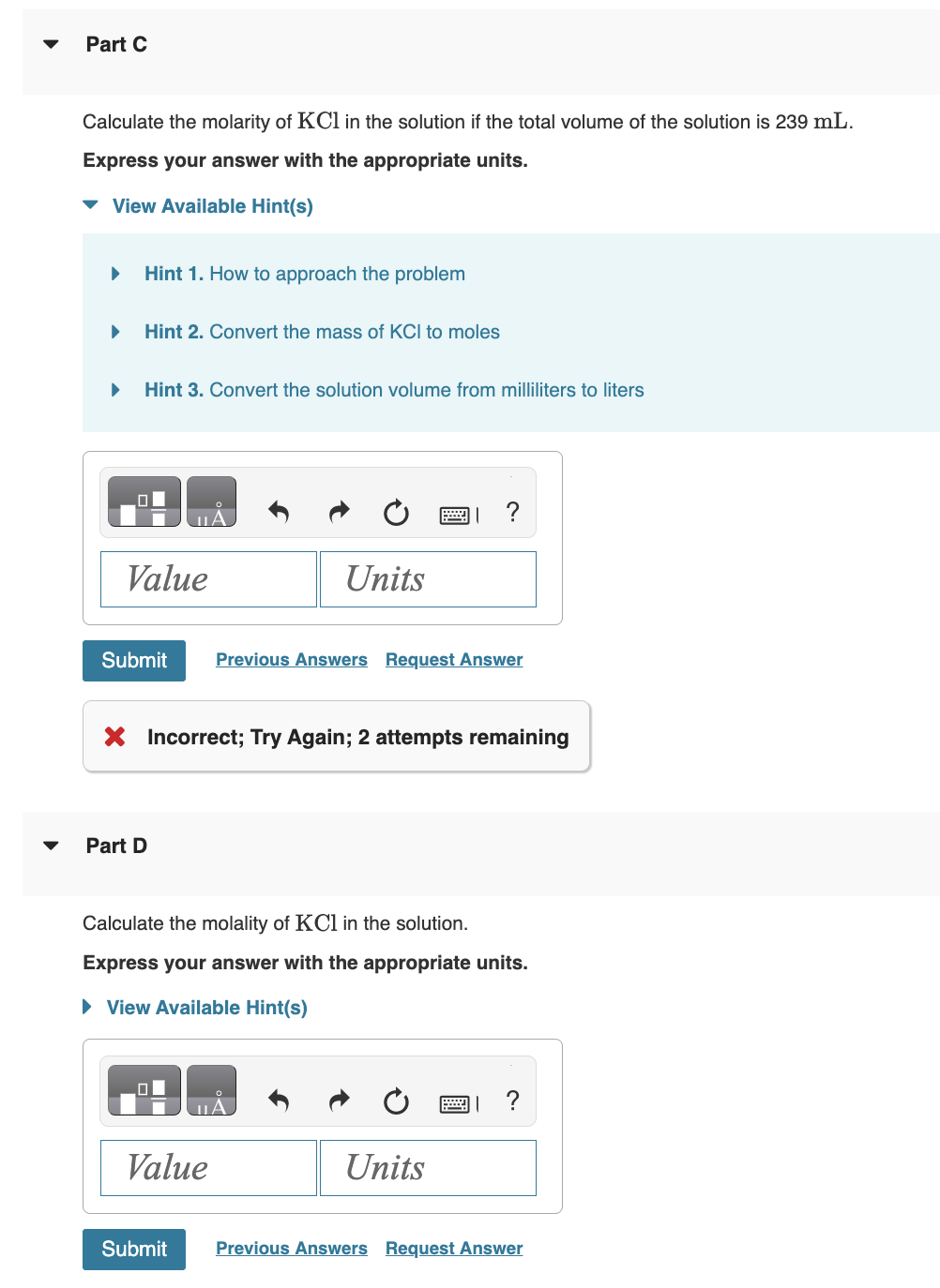 Solved A Solution Was Prepared By Dissolving G Of Kcl Chegg