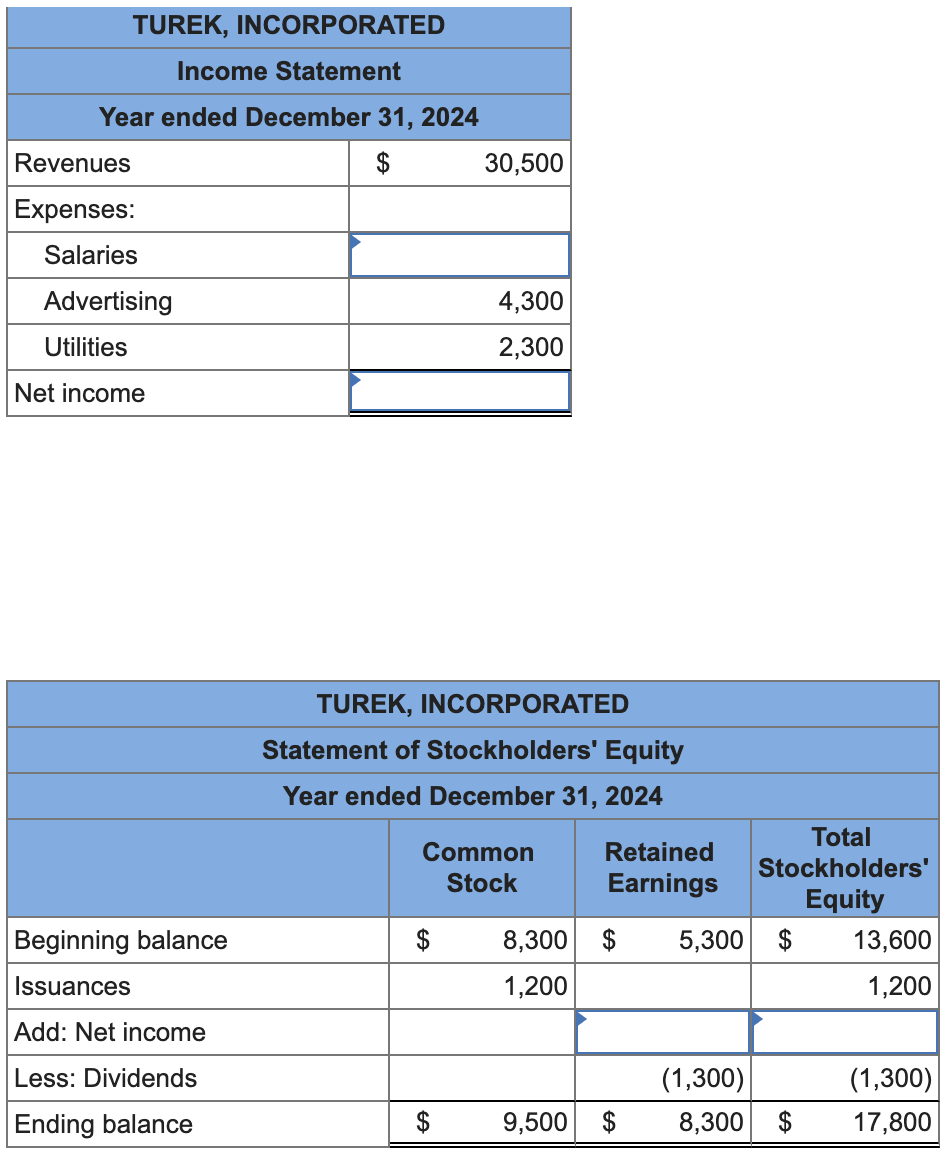 Solved Below Are Incomplete Financial Statements For Turek Chegg