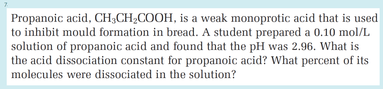 Solved 7 Propanoic Acid CH3CH2COOH Is A Weak Monoprotic Chegg