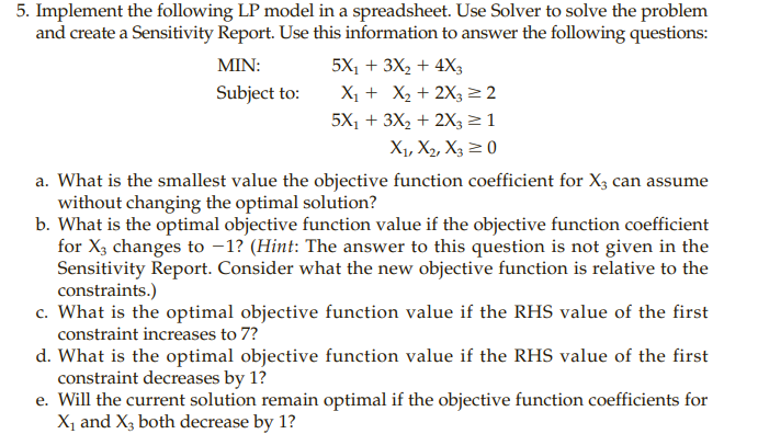 Solved Implement The Following LP Model In A Spreadsheet Chegg