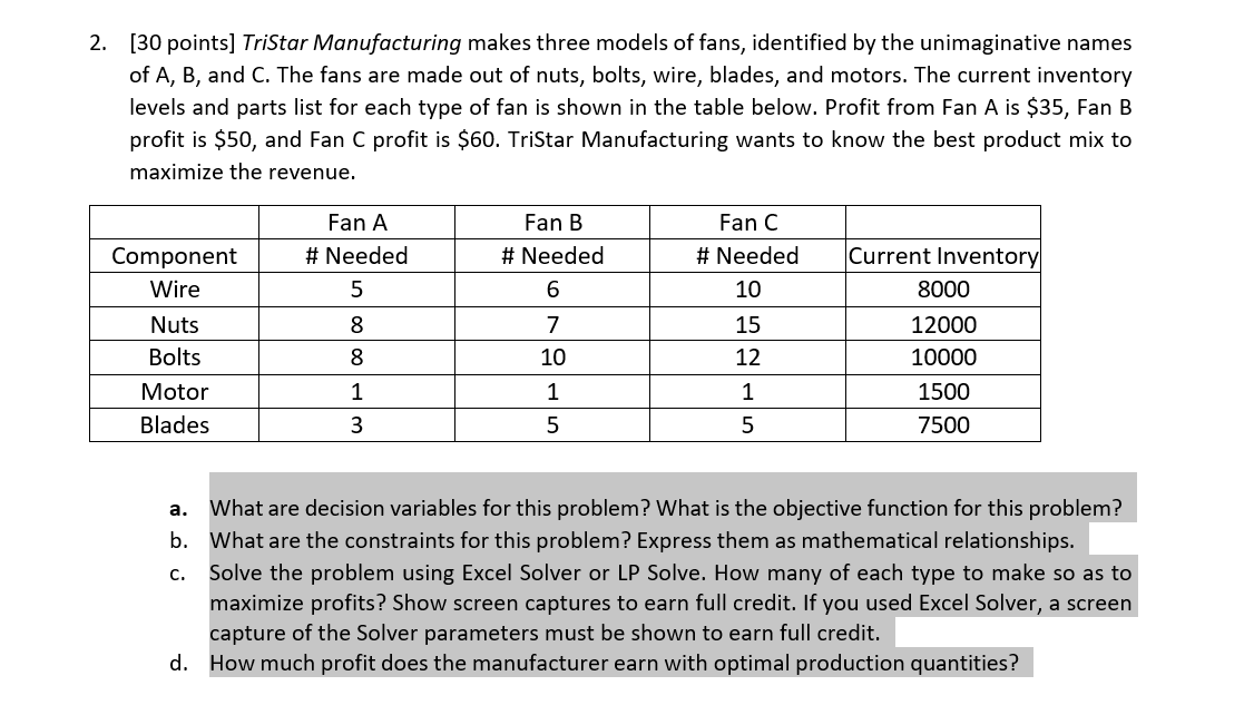 Solved Points Tristar Manufacturing Makes Three Chegg