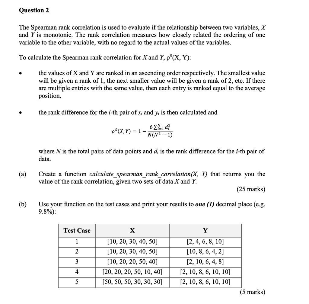 Solved Question 2 The Spearman Rank Correlation Is Used To Chegg