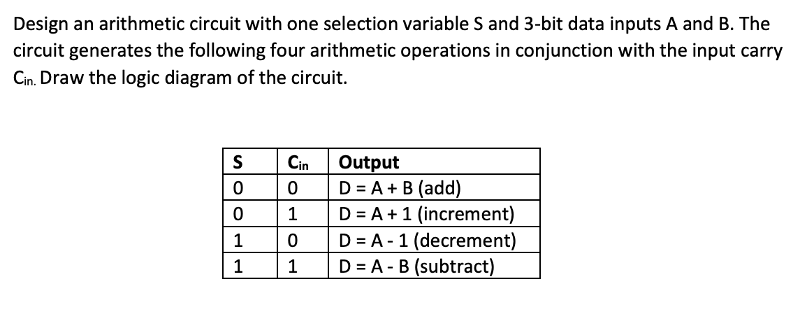 Solved Design An Arithmetic Circuit With One Selection Chegg