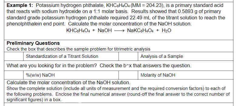 Solved Example Potassium Hydrogen Phthalate Chegg