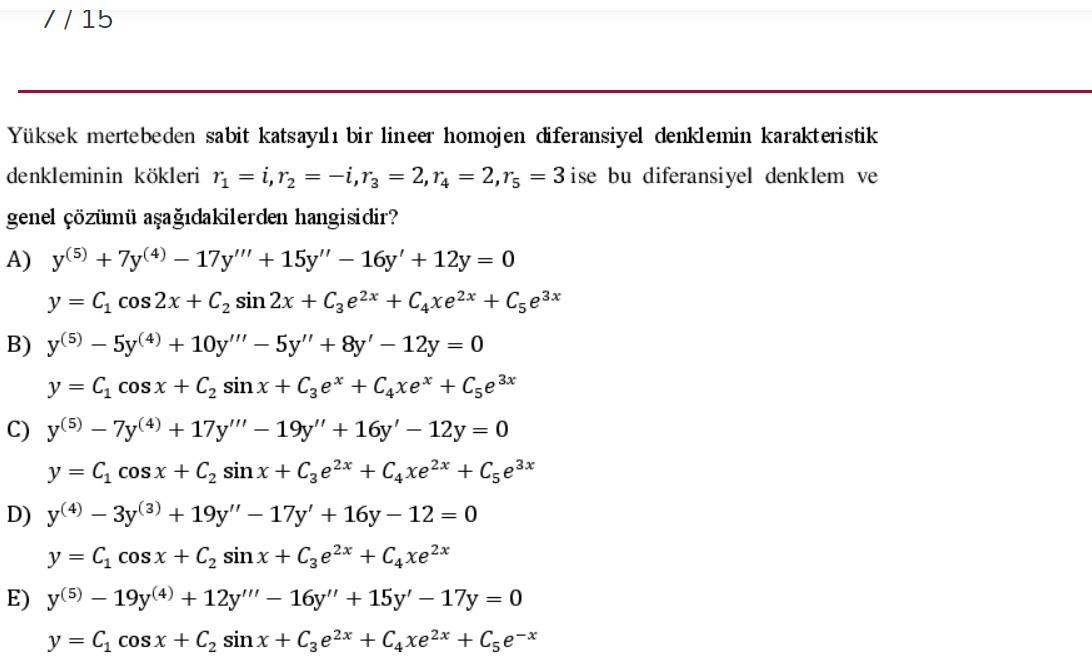 Solved 1 15 Yüksek mertebeden sabit katsayılı bir lineer Chegg