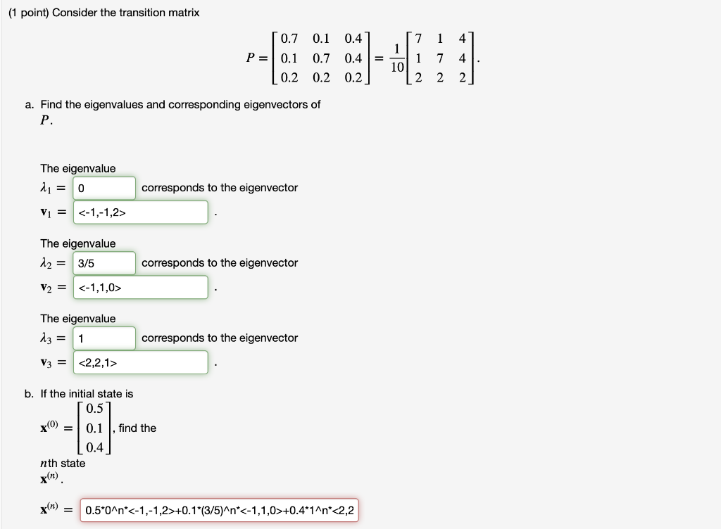 Solved 1 Point Consider The Transition Matrix P 0 7 0 1 Chegg