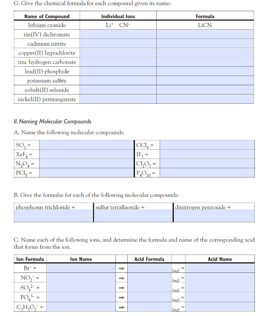 Solved 1 Naming Lonic Compounds A Name Each Of The Chegg