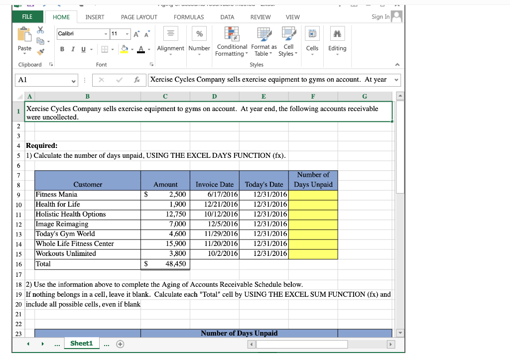 Solved Aging Of Accounts Receivable Method Using Excel S Sum Chegg