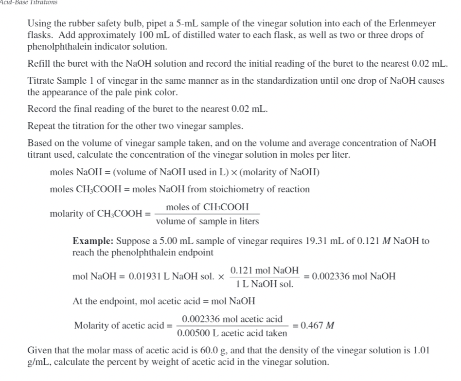 Solved I Just Need Help Finding The Molarity Of The Vinegar Chegg