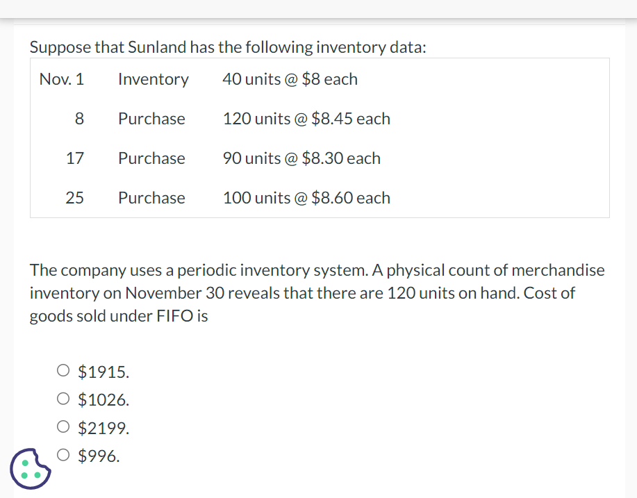 Solved Suppose That Sunland Has The Following Inventory Chegg