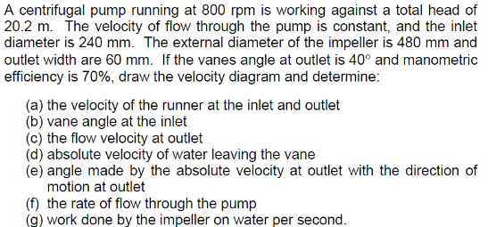 Solved A Centrifugal Pump Running At 800 Rpm Is Working Chegg