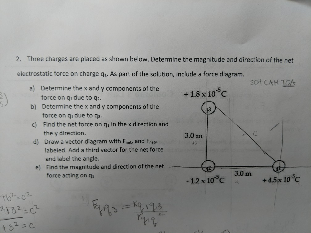 Solved Three Charges Are Places As Shown Below Determine Chegg