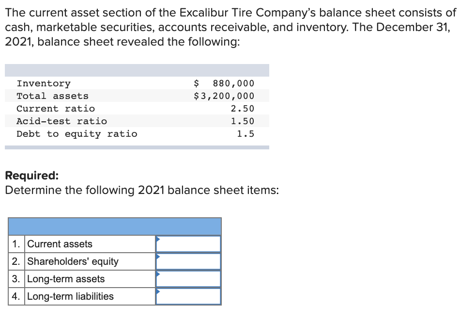 Solved The Current Asset Section Of The Excalibur Tire Chegg